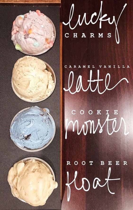 Parker's Ice Creams flavor menu showing Lucky Charms, Caramel Vanilla Latte, Cookie Monster, and Root Beer Float